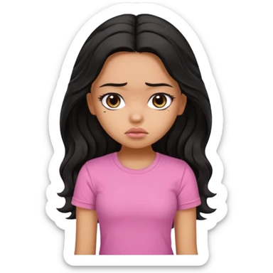 a pretty bratz girl with long wavy black hair, wearing a pink tshirt. looking sad sticker