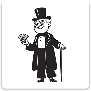old white man with a top hat, monocle in left eye, holding stacks of money in right hand and a wooden cane in left hand, in a Black Doodle style sticker