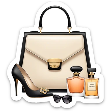 A photorealistic icon featuring stylish fashion accessories like high heels, a designer handbag, sunglasses, and a perfume bottle, arranged elegantly. Soft, luxurious colors with detailed textures and lighting that convey beauty and style. Transparent background, symbolizing fashion and beauty. sticker