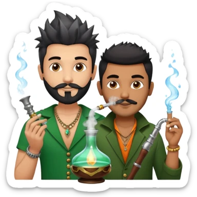 Brass hookah with green design on a glass water base on the top; with two smoke pipes where people are holding them and smoking - one white guy with spikes (silver and black hair) and another Tamil handsome with little beard Indian guy. The Tamil guy is not having spiky hair  sticker