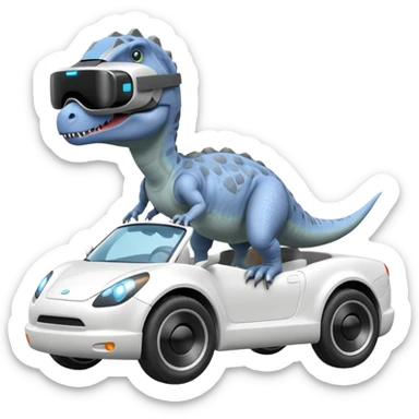 Dinosaurio  gris subido en un carro blanco tecnológico con lentes de realidad virtual sticker
