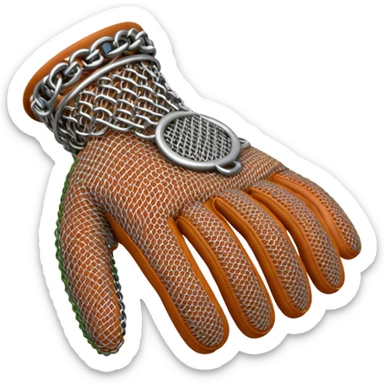 3D render of Butcher’s Glove, made of interlocking chainmail metal rings, wire mesh texture, visible holes and negative space, metallic silver and grey, high contrast shadows, Apple emoji style, isolated on white background --v 6.0. sticker