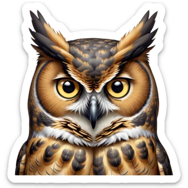 Cinematic Deep Thought Great Horned Owl Portrait Emoji, Head held high with a calm, reflective gaze, showcasing a beautifully mottled plumage and piercing golden eyes that seem to ponder the mysteries of the night, Simplified yet majestically refined features, highly detailed, glowing with a soft, contemplative light, high shine, poised and thoughtful, stylized with an air of profound introspection, capturing the essence of an owl deeply engaged in thought, so thoughtful it feels like it could silently share timeless secrets from beyond the screen! sticker