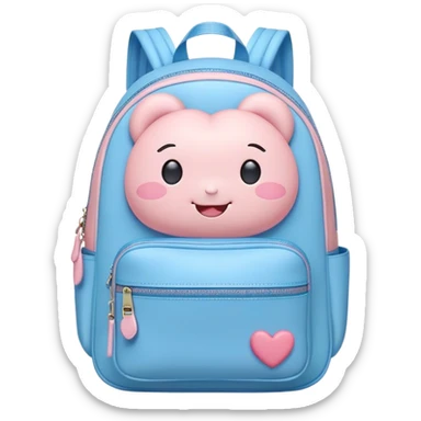 Cute Kawaii Backpack, round and chubby, soft pastel pink and blue, tiny heart-shaped zippers, blushing cheeks, a tiny smiling face, a happy school-time companion! sticker