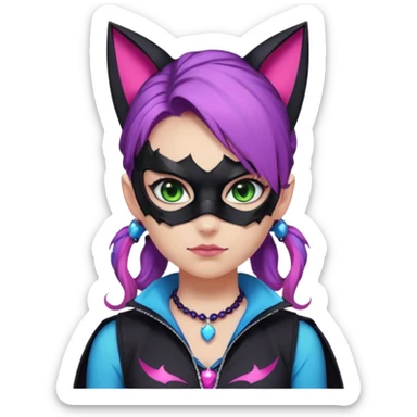 Girl with green eyes, wearing a bat mask with pink stones, and her hair tied in a ponytail, the hair is purple, blue, and pink streaks, with black cat ears with pink stones, wearing a black shirt that covers the neck, and a sleeveless blue jacket, and a necklace of pink stones sticker