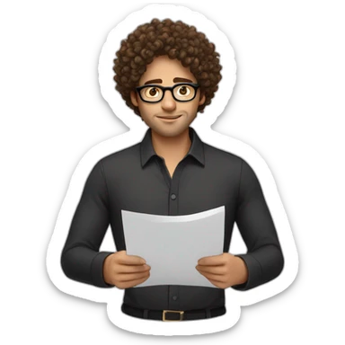 Attractive brown curly hair men with round black glasses writing down a note sticker