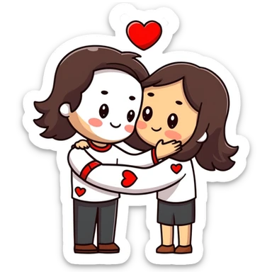 A couple embracing each other. The man has mestizo skin tone, slightly long dark brown straight hair. The woman has light skin, long dark brown hair. White hearts floating around them. sticker