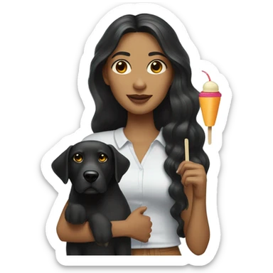 A white woman with long wavy black hair, brown eyes, holding a black dog and a mango flavored ice popsicle in the other hand  and a telephone under her ear sticker