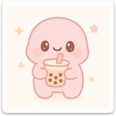 pink character holding bubble tea, joyful expression, kawaii style sticker