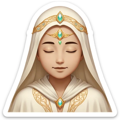 Clash of Clans aesthetic: Beautiful and Majestic Mage Portrait Emoji, Rendered in serene mystique with a gentle, confident smile and an aura of timeless magic, showcasing an elegantly robed figure with intricate arcane embellishments and softly closed eyes in natural skin tone, Simplified yet exquisitely endearing features, highly detailed, glowing with a soft, majestic mystical light, high shine, calm and profoundly wise, stylized with an air of timeless sorcery, soft glowing outline, capturing the essence of a majestic mage whose magical presence inspires epic quests! sticker