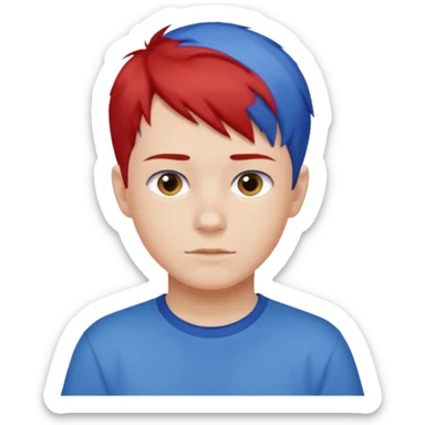 teenage boy with blue short hair, red hair ends. he is wearing a white t-shirt. sticker