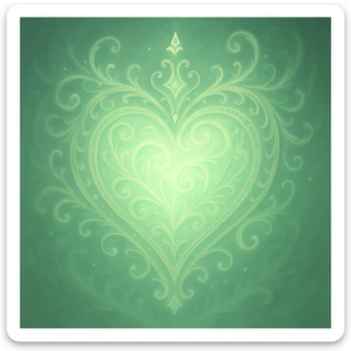 Edit the heart to be pastel green while keeping the fantasy magical style. Make it glowing and ornate with delicate, intricate details and a soft pastel green glow. sticker