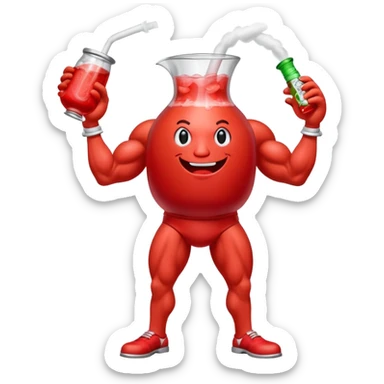 Red pitcher Kool-Aid man character with muscular legs smoking a bong sticker