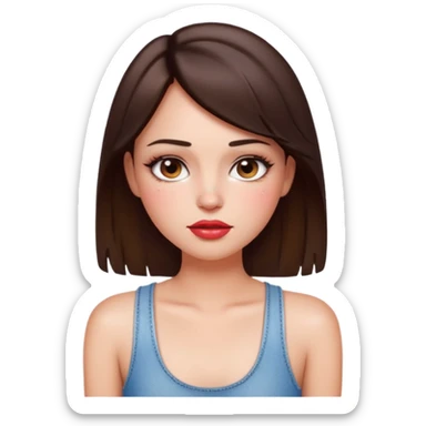 “Emoji brunette girl white tanktop, dewy skin, heavy blush across cheeks and nose bridge, glossy cherry lips, soft eyeliner, teary sparkling eyes like hanni from new jeans sticker