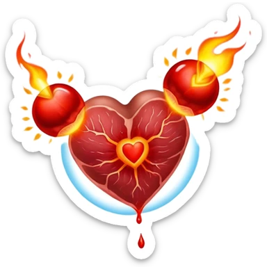 Glowing pieces of red meat floating around a red blood cell that shines brightly like a torch. Streams of light connect the blood cell to a heart and muscles, showing how heme iron creates energy and vitality throughout the body. sticker