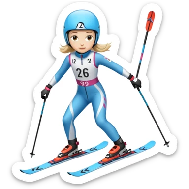 12 year old girl ski racing in a speed suit with skis, poles, and a bib that has the number 26 sticker