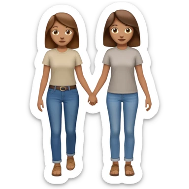 based on emoji style, two people walking together. one is brown-haired woman, wearing a shirt,  Another one is a non-binary person, wearing t shirt and jeans, and the second person doesn't have anything on their hands. They are not holding hands sticker