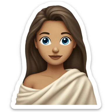Beautiful brunette with long hair, slightly tan skin, and blue eyes, snuggled up in a warm white blanket, wearing golden earrings. sticker