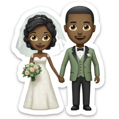 Black Wedding couple. Bride has black hair pinned up. She wears lace dress. She has dark brown eyes. Groom has sage green suit and sage green vest. He is bald headed. He has a bread. He has dark brown eyes too. sticker