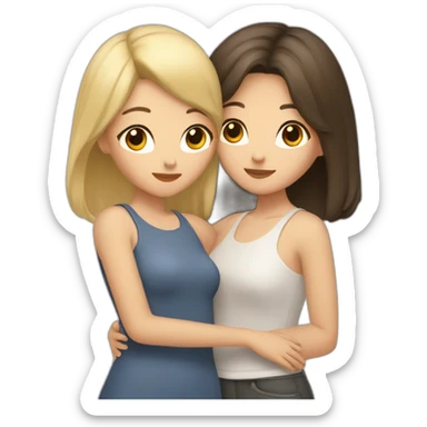 Two girls friends one blonde short hair, second girl is asian with long brown hair hugging each other sticker