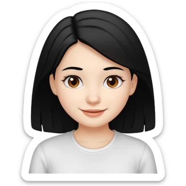 a girl with white skin, black hair, brown eyes, and a white shirt, smiling sticker