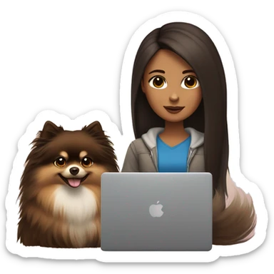 A girl with long dark brown hair, brown eyes in front of a laptop with a pomeranian next to her sticker