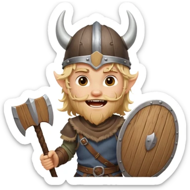 A young Viking warrior with messy hair, wooden shield, and fierce excited grin with horned helmet sticker