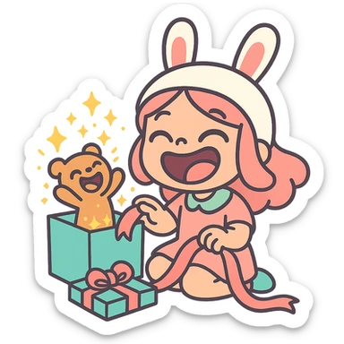 laughing chibi cute girl with a bunny hat, unwrapping a magical glitter gift box with a small laughing teddy bear inside, full body, clean and polished, no imperfections, pastel-toon style sticker