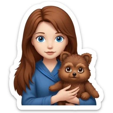 long hair chestnut color blue eyes woman holding small ewok dog sticker