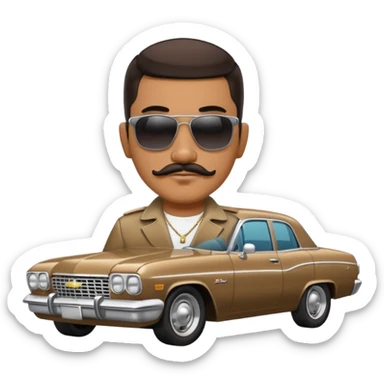 Hispanic gangster with thick mustache and dark sunglasses with a Chevy impala car in the back  sticker