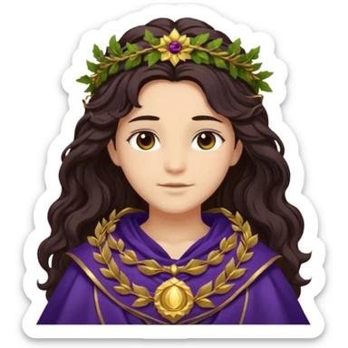 Libera from Olympus Gods with long dark brown wavy hair, dark purple stola sticker