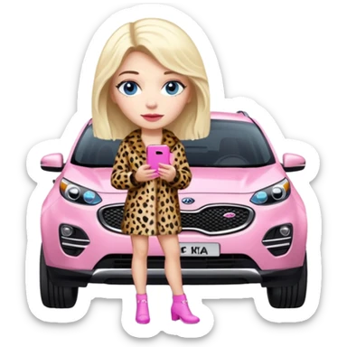 a blondie queen Arina in a leopard fur and pink iPhone 16 on her kia Sportage white car. blue eyes sticker