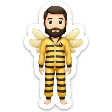 Grown up man with long dark brown long hair, white skin, medium beard, full body in cute bee pijama sticker