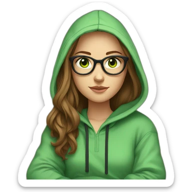 a white girl wearing glasses and a hoddie with green eyes and brown long hair sitting on a couch watching tv sticker