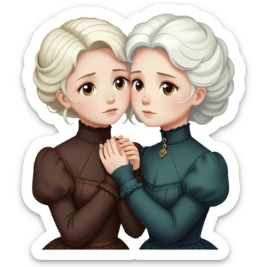 Two Victorian women with light eyes, one with bright white coiffed hair and one with dark copper coiffed hair, wearing Victorian turtleneck dresses, embracing each other in a sad, intimate hug sticker