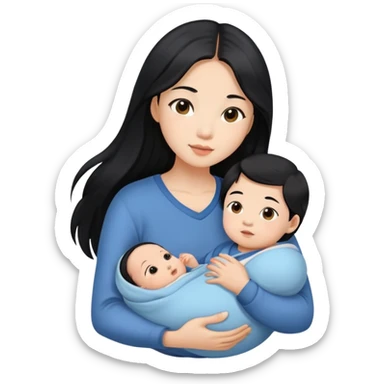 Beautiful Asian girl with long black hair and brown eyes holding baby boy in her arms sticker