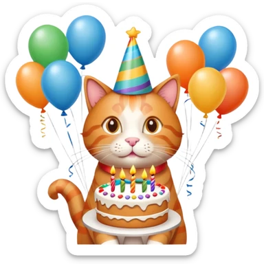 Ginger cat celebrates birthday, birthday hat, birthday cake, balloons, happy sticker