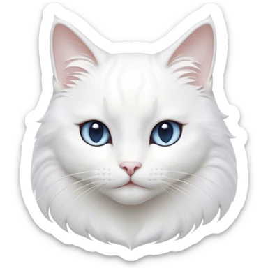 Cinematic Noble White Cat Portrait Emoji, Poised and stately, with a pristine, snow-white fur accented by delicate hints of silver, refined whiskers and a serene, focused gaze, simplified yet impeccably detailed, glowing with an ethereal radiance and timeless elegance, high shine, exuding calm intelligence and regal simplicity, soft glowing outline, capturing the essence of a noble white cat that radiates quiet majesty! sticker