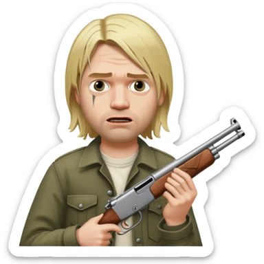 Kurt Cobain thoughtfully holds a double-barreled shotgun aimed at his open mouth. sticker