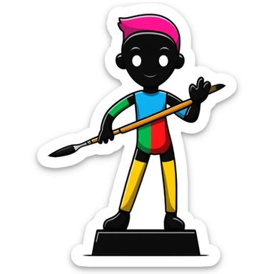 A paintbrush transforming into a 3D metal human silhouette sculpture, symbol of artistic identity, with defined sculptural details sticker