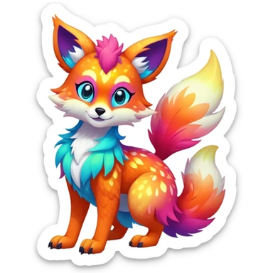 Vibrant multicolored neon-colored Falvie-Fionbri-creature-sparkle-hybrid-fursona, full body, fur pattern-markings sticker