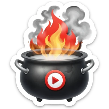 A black cauldron with lot of smoke rising, and the white YouTube play button logo floating above the smoke, red fire on the bottom sticker