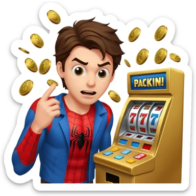 disheveled spiderman losing money at a slot machine, panicked face, coins flying sticker