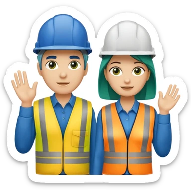 Um homem e uma mulher amarelos com capacete de obras ambos azul escuro e camisa social cinza com faixas refletivas verdes nos braços. Um deles deve estar segurando um megafone sticker