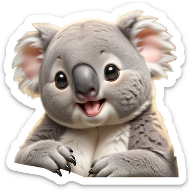 Cinematic Cute Yawning Koala Portrait Emoji, Head tilted slightly with a dramatic, wide-open yawn, showcasing a soft, downy grey fur with drooping ears and round eyes barely open in drowsy contentment, Simplified yet irresistibly adorable features, highly detailed, glowing with a soft, cozy glow, high shine, relaxed yet expressive, stylized with a touch of gentle whimsy, bright and endearing, soft glowing outline, capturing the essence of a sleepy yet affectionate koala, so drowsy it feels like it could stretch out of the screen and curl up for a nap! sticker