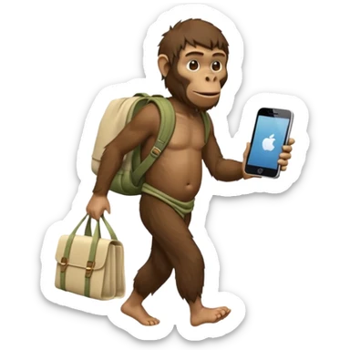 Draw an Australopithecus walking like a nomad, carrying a cloth bundle on its back, holding an iPhone in one hand and an open laptop with the screen visible in the other hand, in a cute flat iPhone emoji style. sticker