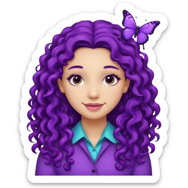 Girl with dimples and long curly hair that has a purple bitterfly pin in it sticker