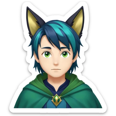 anime man with straight long dark-blue-black-gradient hair with light-green stripes in it, long black fox ears, hazel-gradient-brown-turquoise eyes, gold earring, dark-blue-sweater, green cape,  sticker