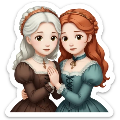 Two modest Victorian women hugging, one with white hair and one with copper hair, wearing Victorian era dresses sticker