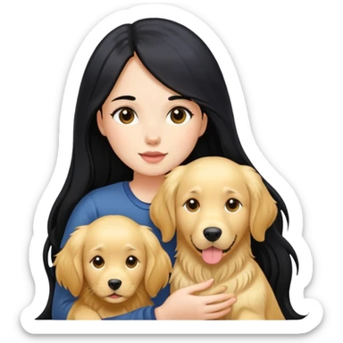 A girl with long black hair is holding a golden retriever sticker